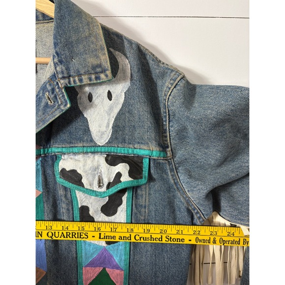Vintage‎ Gap Denim Jacket Western Southwest Painted Cow Skull Fringe Unique S - Picture 7 of 9